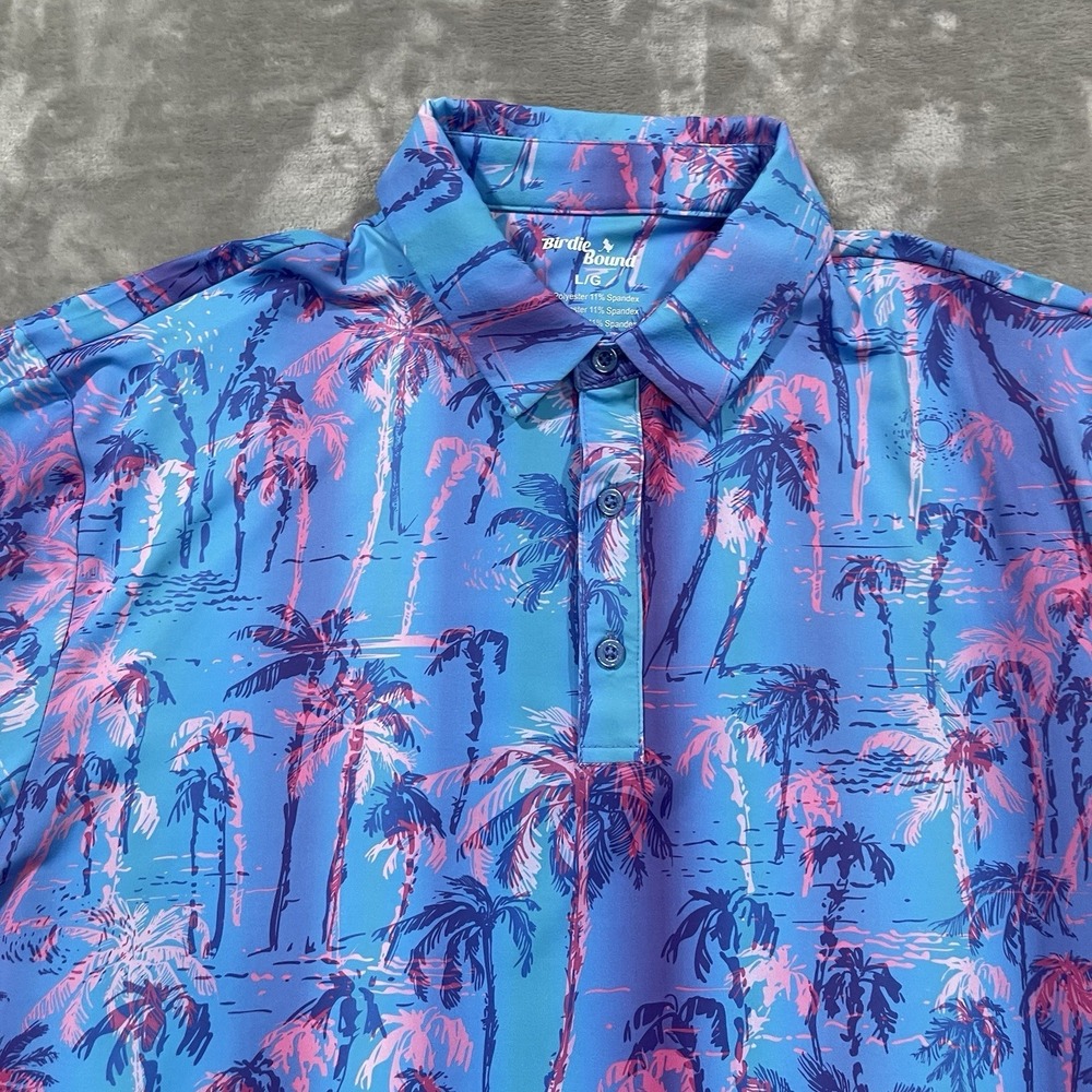 Birdie Bound Shirt Mens Large Blue Polo Golf Performance Stretch Palm Tress - Picture 2 of 7